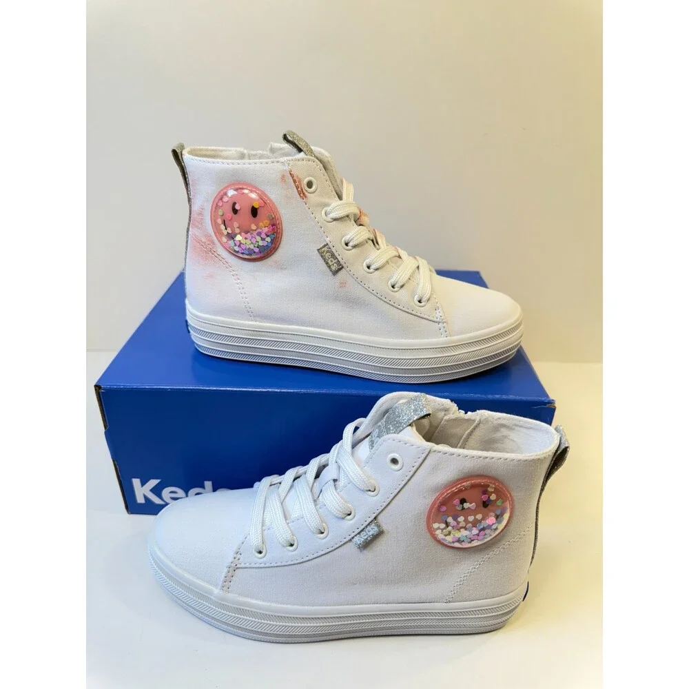 Keds Youths White High Top Glittery Smiley Face-US 1